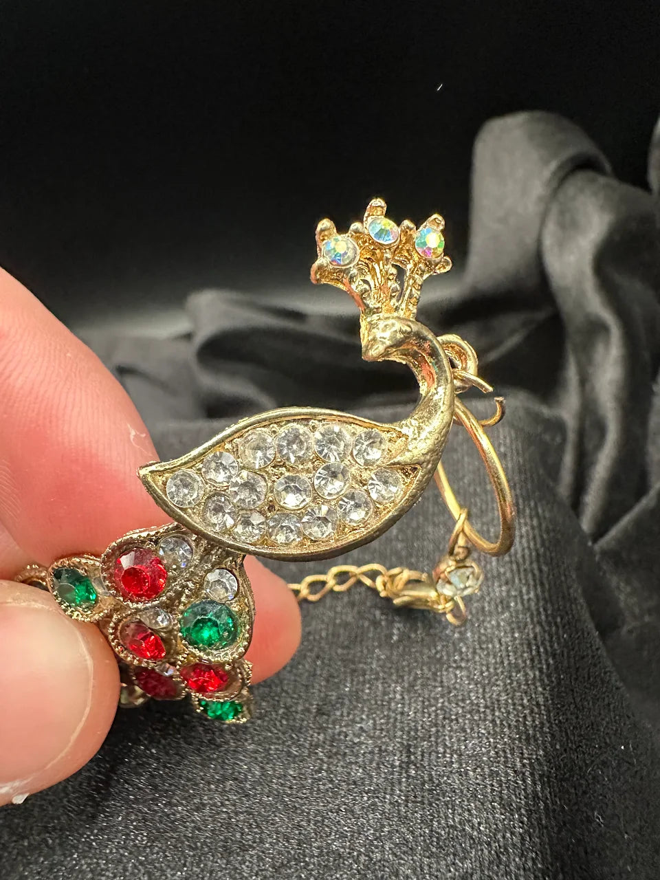 Gold-tone multicolor crystal peacock hand bracelet with ring and chain, view 3