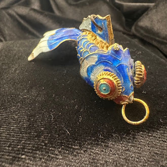 Blue cloisonne enamel articulated fish pendant with gold-tone wirework, view 2