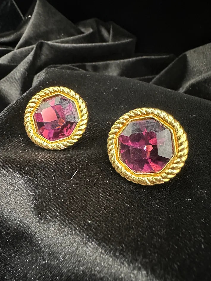 Gold-tone button earrings with faceted magenta crystals in rope-edge bezels, view 4