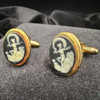 Vintage Dante Cameo Style Figural Cufflinks Gold Tone Pinup Girl Novelty Men's Accessories