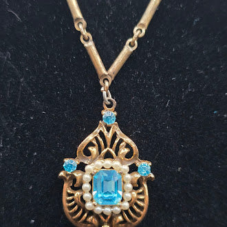 Gold Tone Filigree Pendant Necklace Blue Crystal Faux Pearl Vintage Style Statement Necklace