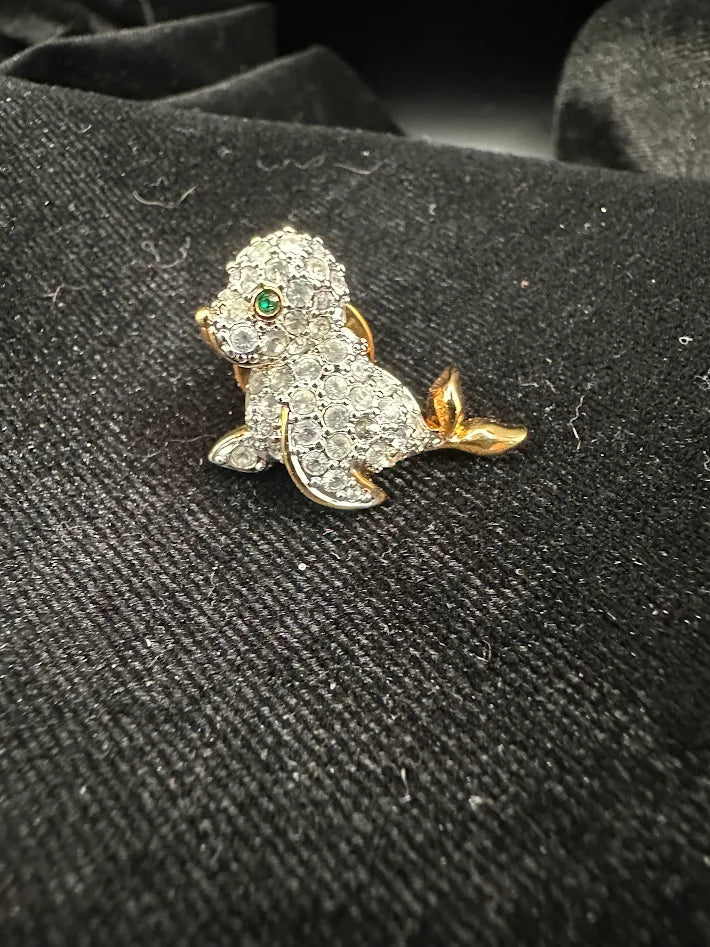 Gold-tone seal brooch with clear pavé crystals and green crystal eye, view 5