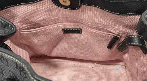 Dooney & Bourke Black Denim Logo Shoulder Bag Leather Trim DB Monogram Tote Purse