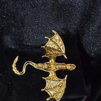 Gold-tone flying dragon brooch with green enamel wings and clear rhinestones, view 3