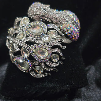 Bird of Paradise Peacock Hinged Cuff Bracelet Silver Tone Iridescent Rhinestones Statement Animal Cuff Vintage Glam Style