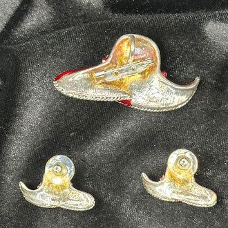 Signed MJ red enamel ladies hat brooch with flower accent and matching stud earrings, view 6