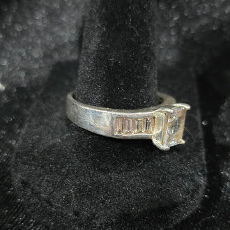 925 Sterling Silver Princess Cut Cubic Zirconia Ring with Baguette Accents Size 9.75 | Elegant Cocktail Ring