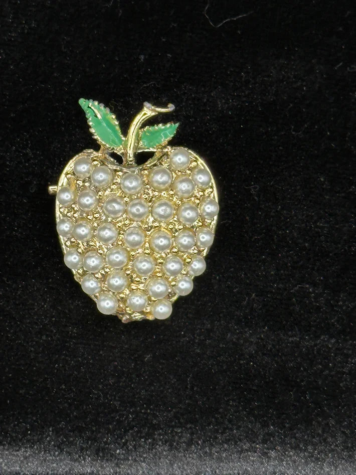 Vintage Faux Pearl Apple Brooch Gold Tone Cluster Fruit Pin Enamel Leaves Classic Elegant Jewelry