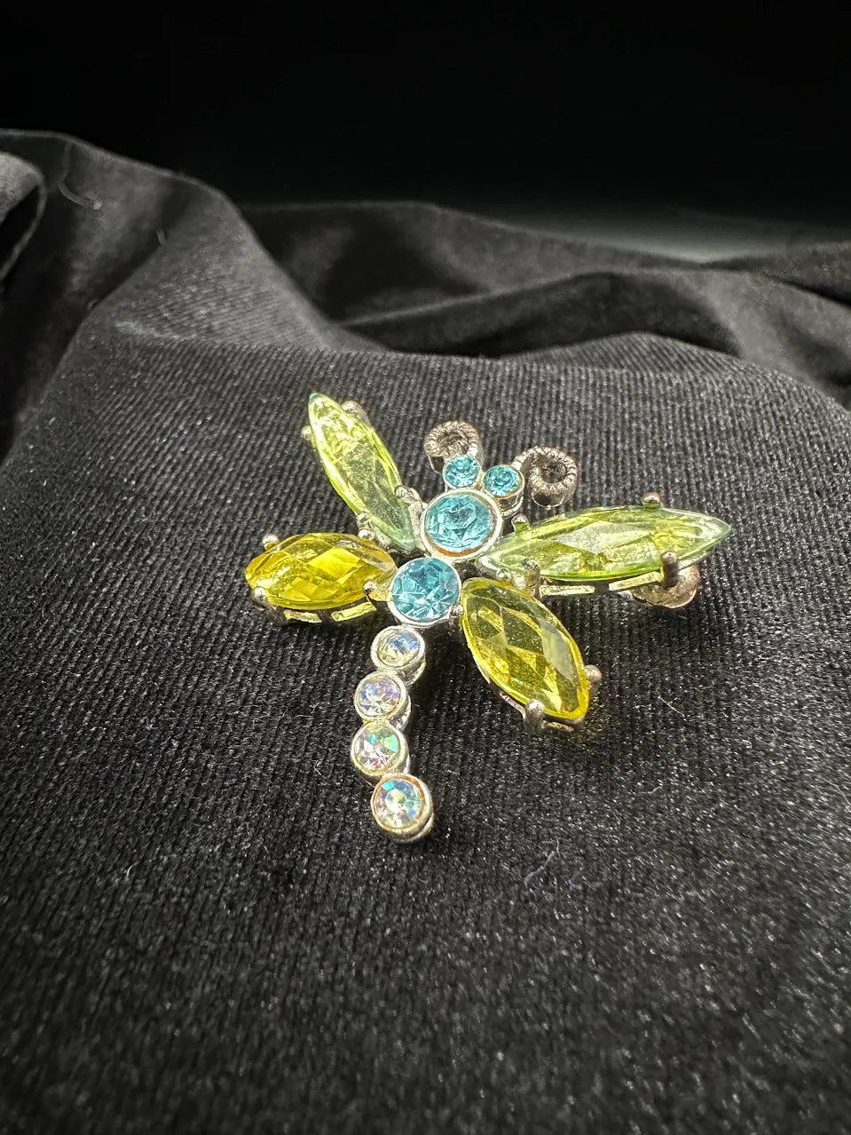 Silver-tone dragonfly brooch with green marquise crystal wings and blue crystal body, view 4