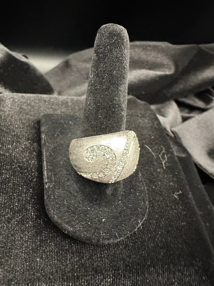 (SOLD) 925 Sterling Silver Brushed Dome Ring Chunky Statement Ring Swirl Texture Crystal Accent Size 8
