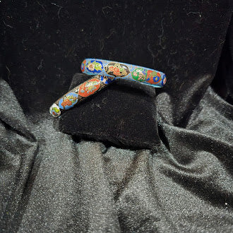 Cloisonne Enamel Bangle Bracelet Set of 2 in Blue and Black with Floral Motif, Glossy Finish, Curated Estate Stack Style