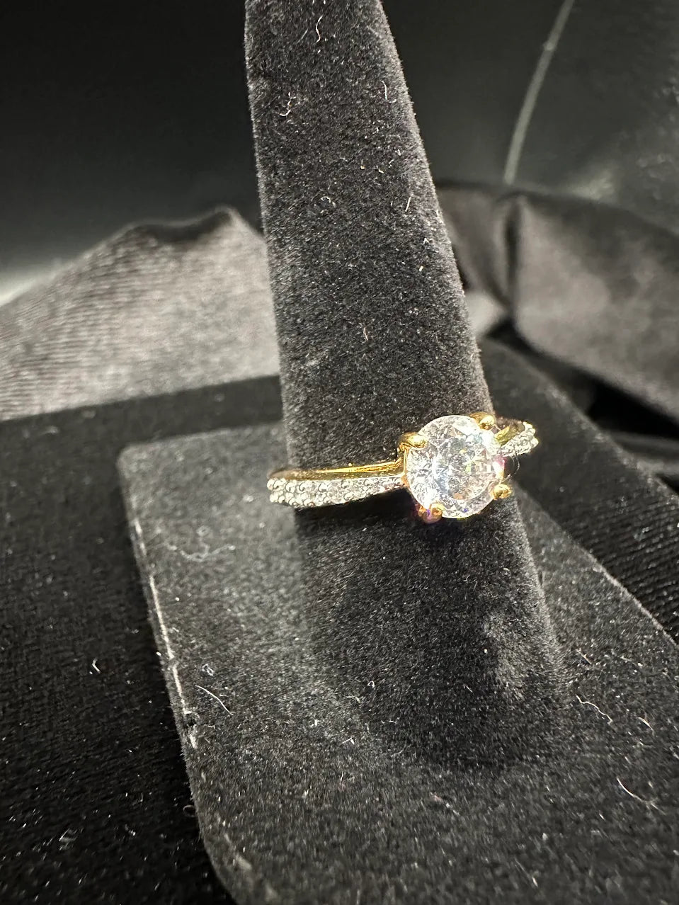 Gold Tone Clear Crystal Solitaire Ring Pave Band Bridal Inspired Design