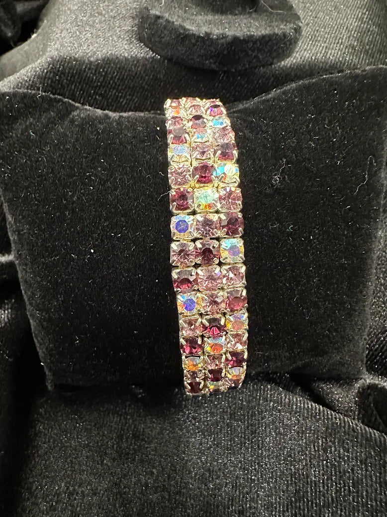 Pink Rhinestone Bracelet & Ring Set – Wide Art Deco Style Crystal Expansion Bracelet Size 7 Statement Ring
