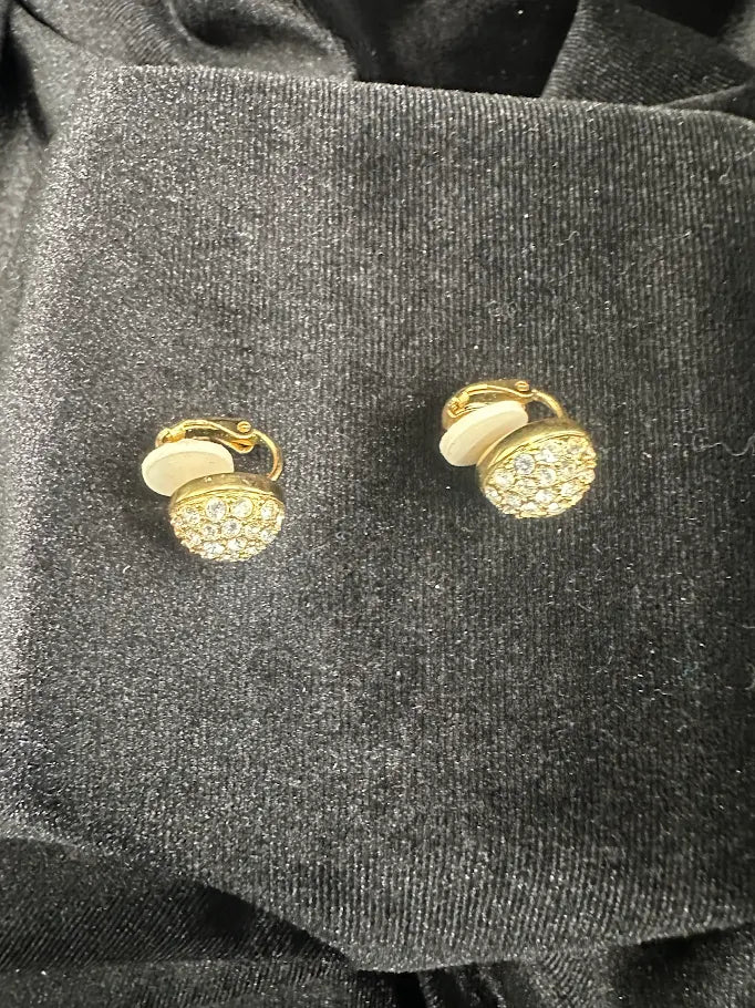Signed Swarovski gold-tone dome button clip earrings with clear crystal accents, view 2