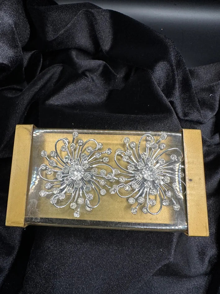 Sarah Coventry silver-tone starburst earrings with clear crystals and original packaging, view 2