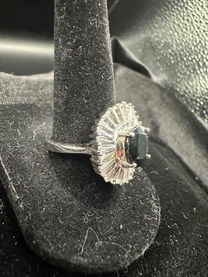 Sterling Silver 925 Sapphire CZ Cocktail Ring Size 8 Baguette Halo Statement Vintage Style