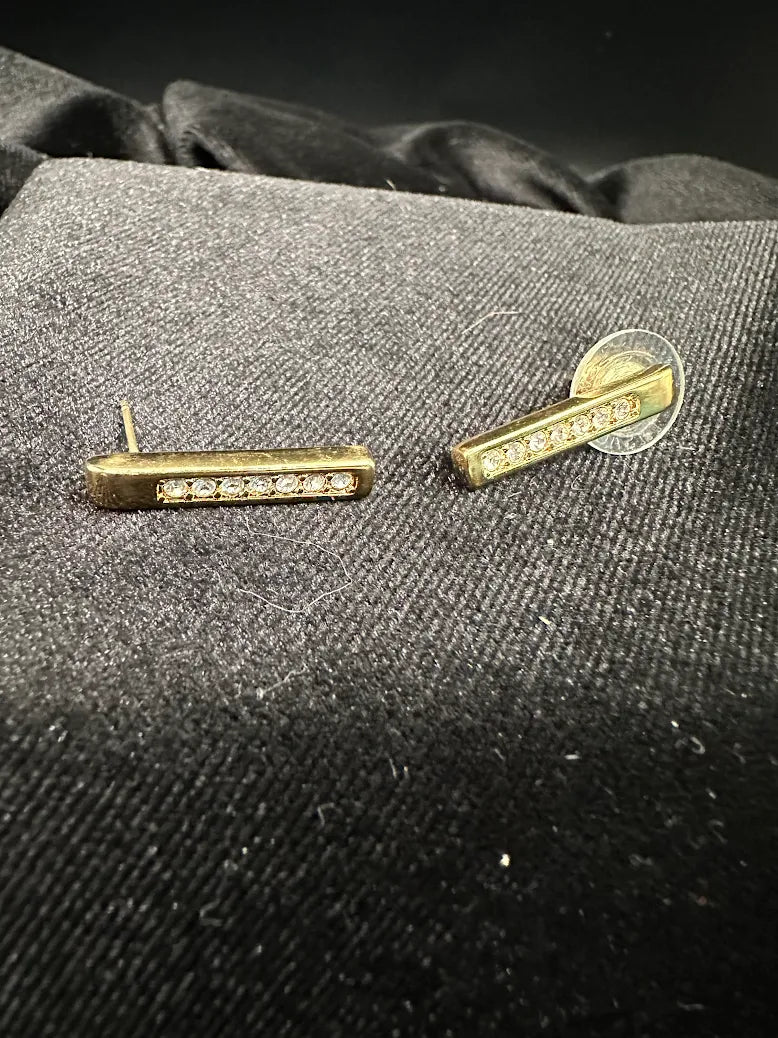 Swarovski gold-tone bar stud earrings with row of clear crystals, view 2