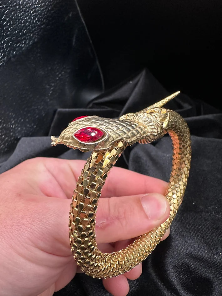 1970s–1980s Gold Tone Snake Bracelet Red Crystal Eye Serpent Wrap Bangle Textured Scale Statement Jewelry