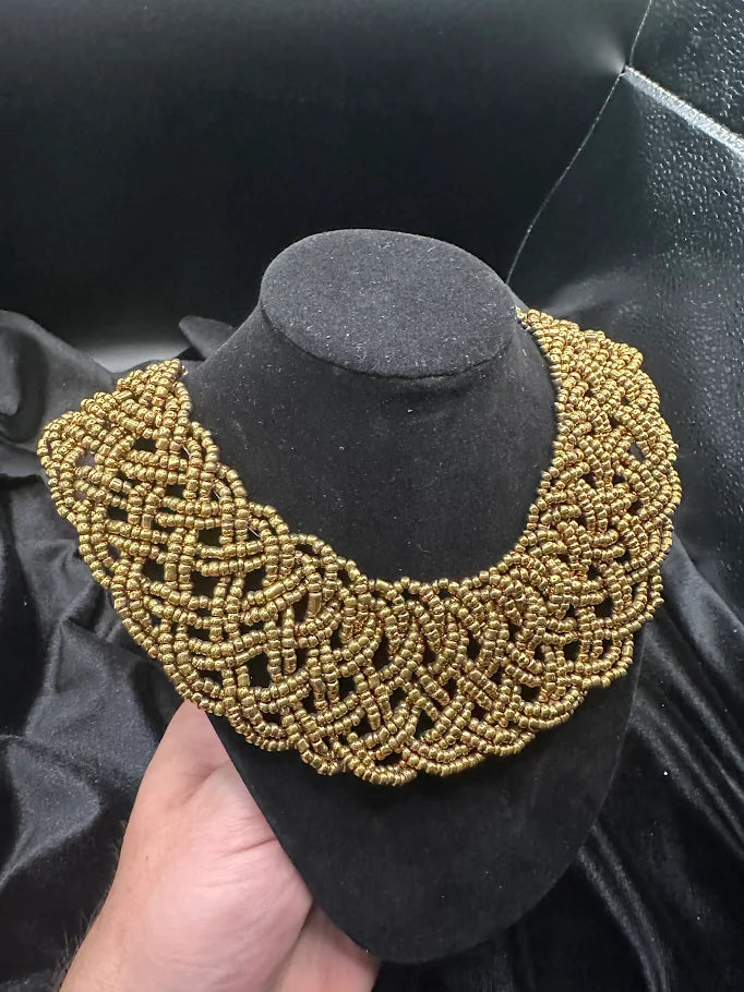 Gold Tone Beaded Bib Collar Necklace with Woven Design