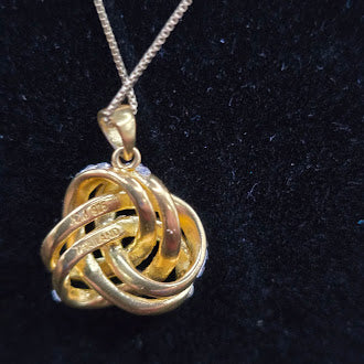JCM Vermeil Interlocking Knot Pendant Necklace – Signed Gold Over Sterling Rhinestone Necklace