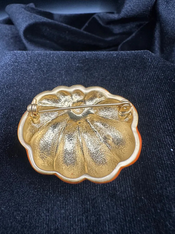 Gold Tone Orange Pumpkin Brooch | Autumn Harvest Statement Pin