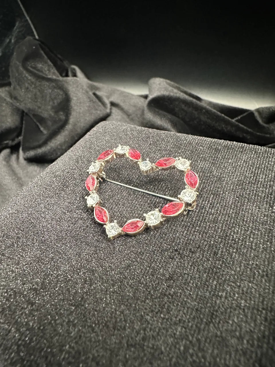 Vintage Silver Tone Pink Crystal Heart Brooch with Rhinestone Accents