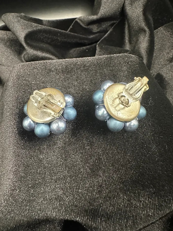 Blue and aqua faux pearl beaded cluster clip earrings with silver-tone clip backs, view 3