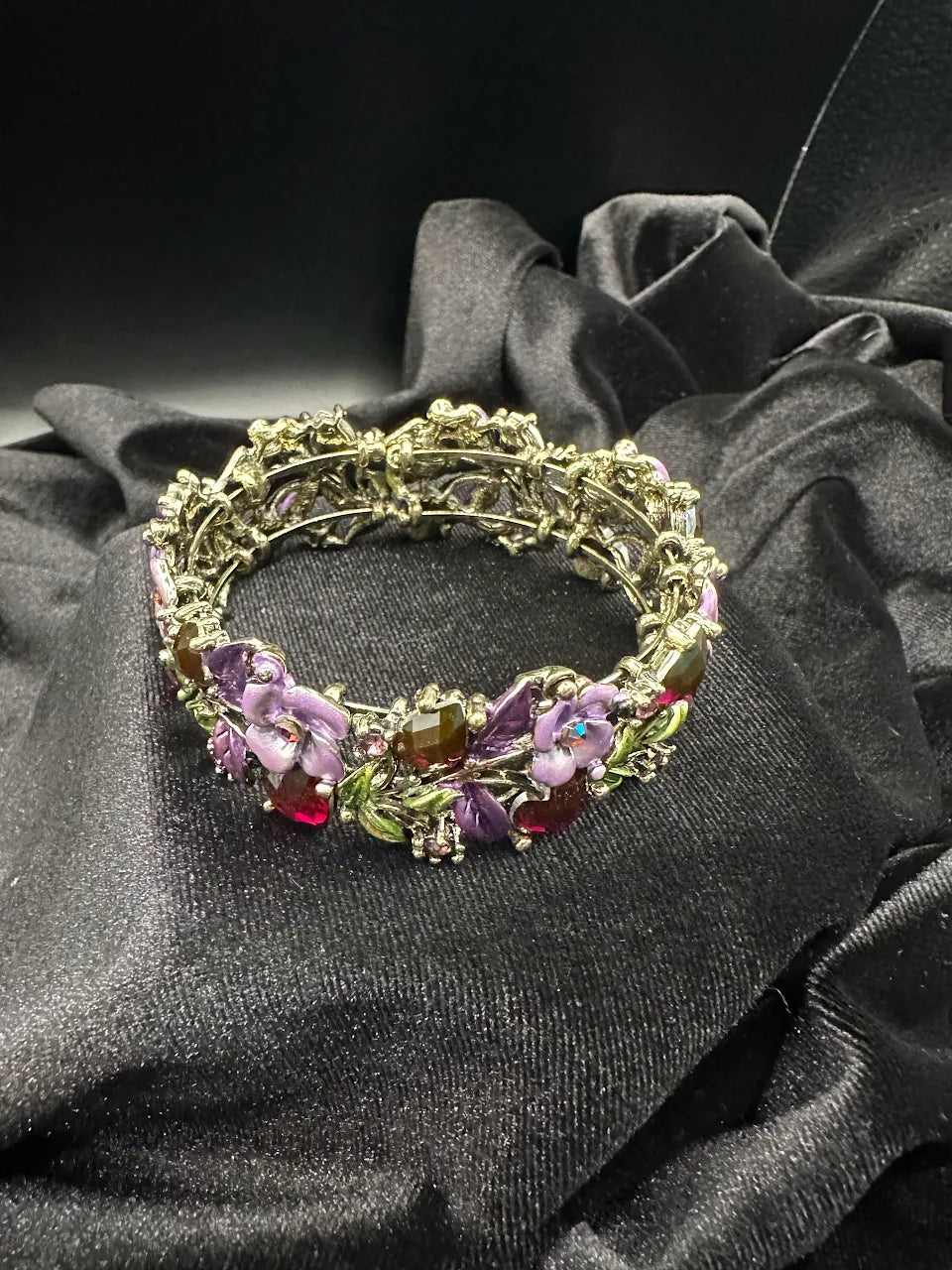 Vintage Gold Tone Purple Floral Crystal Bracelet with Green Enamel Leaves and Pink Rhinestone Accents