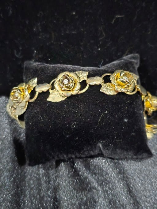Vintage Gold Tone Rose Flower Bracelet and Clip Earrings Set with Clear Rhinestone Centers, Romantic Floral Link Design, Curated Estate Style