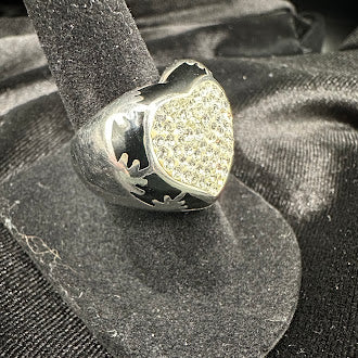 Edforce Stainless Steel Heart Signet Ring | Black Enamel & White Rhinestone Pavé Statement Ring Size 5.75