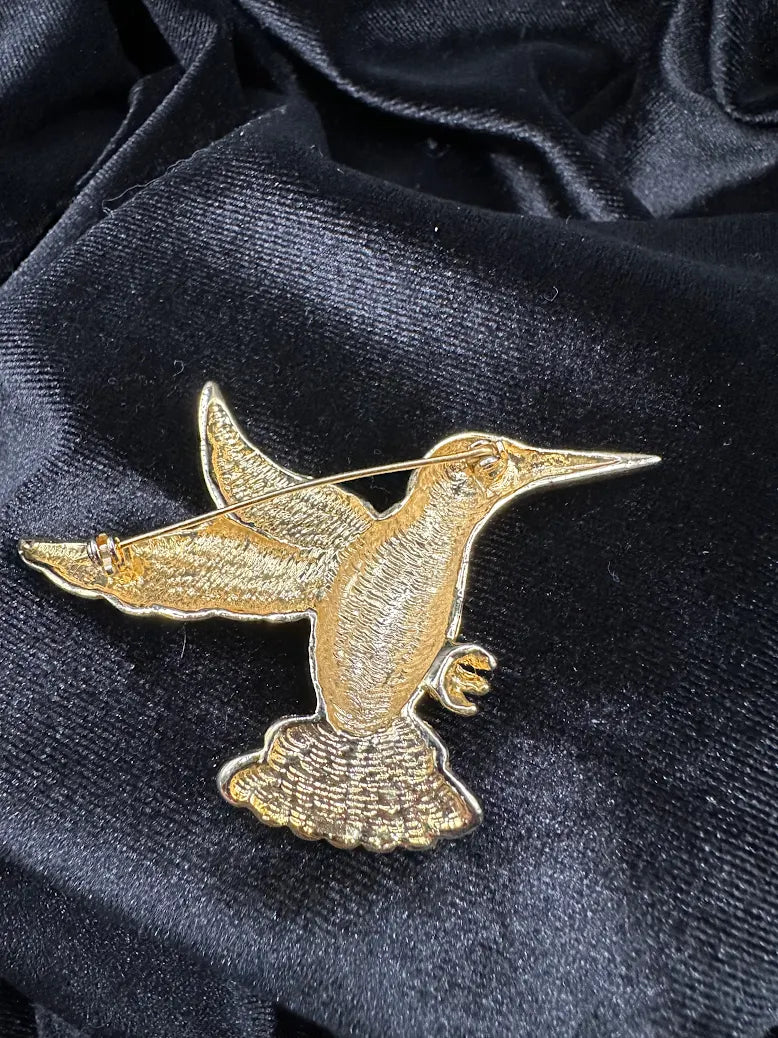 Gold-tone hummingbird brooch with blue, green and teal enamel wings, view 5