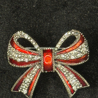 Vintage Kenneth Cole Christmas Bow Brooch Red Enamel Rhinestone Holiday Ribbon Pin