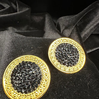 Signed Richard Kerr large round gold-tone clip earrings with black crystal centers, view 6