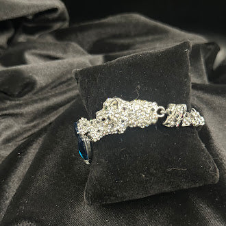 Silver Tone Panther Bracelet with Blue Crystal Stones Big Cat Statement Rhinestone Jewelry Vintage Style