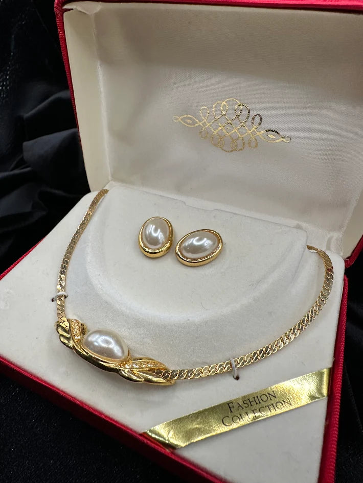 Gold Tone Faux Pearl Necklace and Earring Set With Original Box