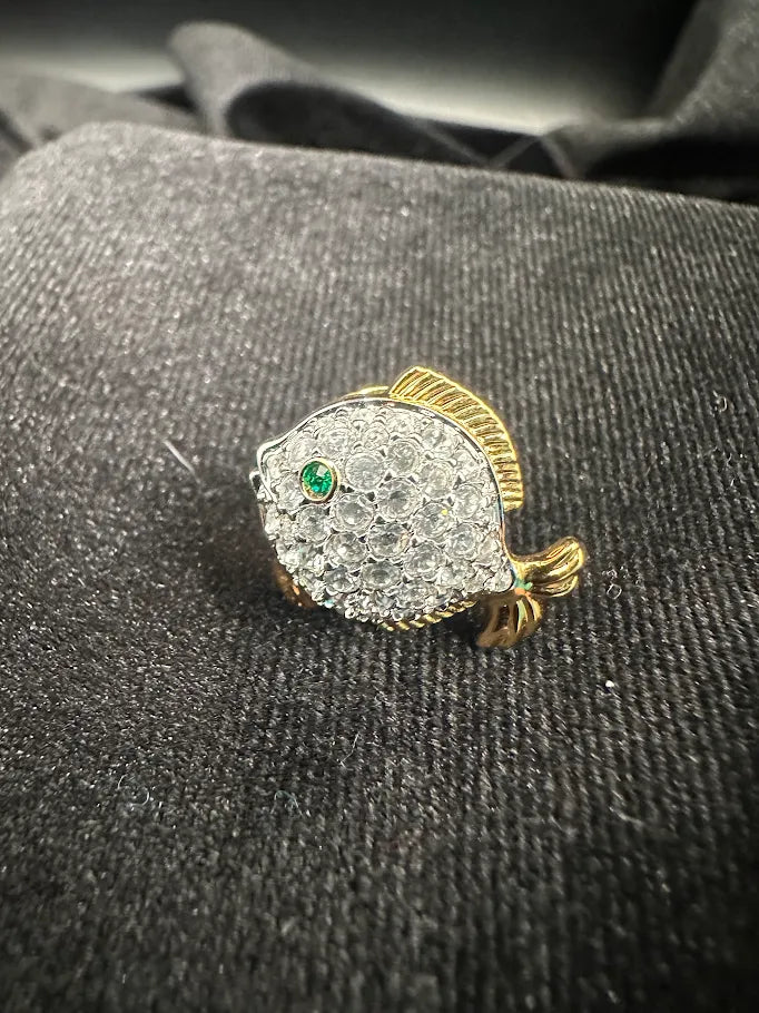 Swarovski Gold Tone Crystal Fish Lapel Pin | Signed Designer Nautical Pin