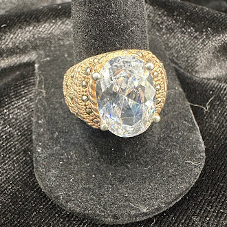 Gold Tone Filigree Oval CZ Statement Ring Vintage Cocktail Ring Size 8.5