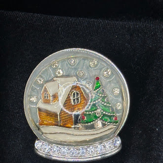 Signed Napier Christmas snow globe brooch with enamel cabin and tree scene and rhinestones, view 2