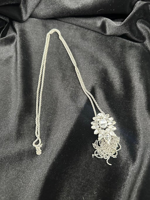 Silver Tone Crystal Statement Necklace Floral Cluster Tassel Drop Vintage Style Rhinestone Pendant Necklace