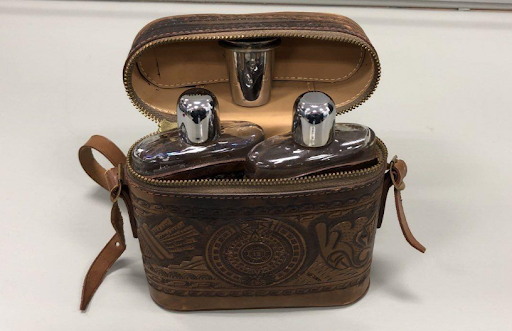 Leather Flask Set with Whisky and Cognac Bottles, Travel Bar Kit with Case & Cups