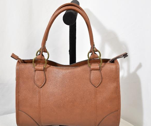 Brown faux leather structured satchel with dual top handles, view 4