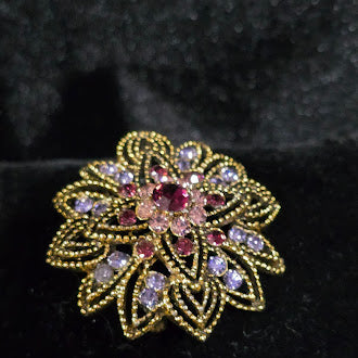 Vintage Gold Tone Floral Brooch: Pink Lavender Rhinestones, Filigree Glam Pin