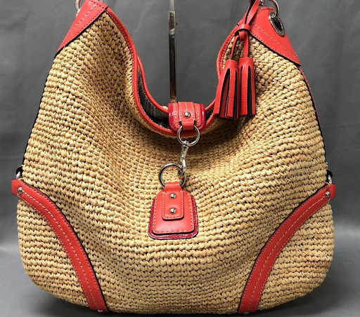 Coach oversized straw hobo with tangerine leather trim, view 2