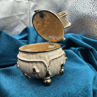 Ivory enamel gift box trinket box with ribbon bow lid and clear crystal, view 6