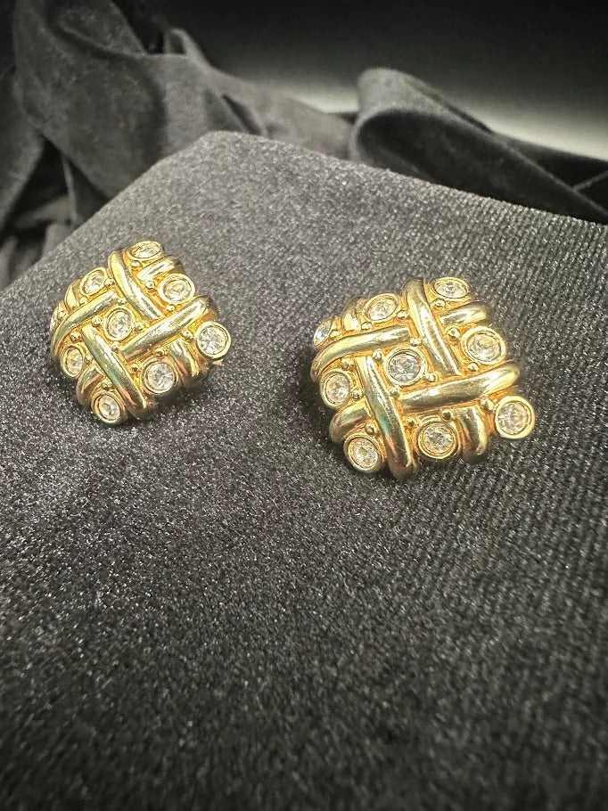 Signed Swarovski gold-tone basketweave clip earrings with clear crystal accents, view 6