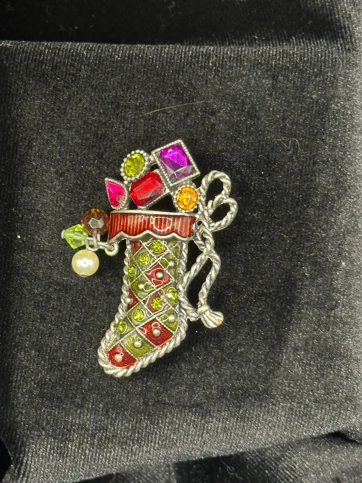Silver-tone Christmas stocking brooch with red and green stone lattice and multicolor rhinestone gifts, view 2