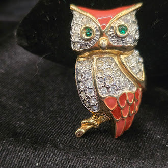 Gold-tone owl brooch with red enamel, clear rhinestone body and green eyes, view 2