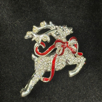 Rhinestone Reindeer Christmas Brooch with Red Enamel Ribbon