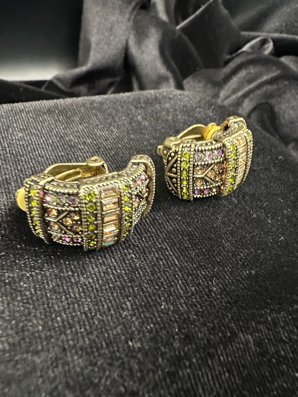 Signed Heidi Daus antiqued gold-tone hoop earrings with multicolor crystals, view 4