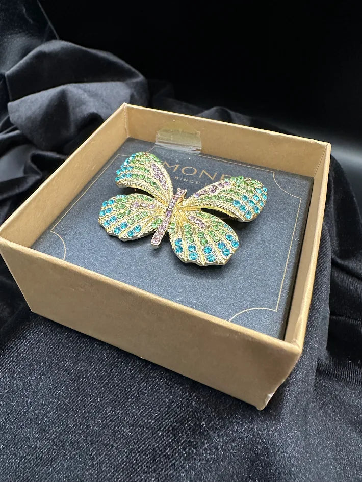 Monet gold-tone butterfly brooch with green, aqua and violet crystals, with Monet box, view 3